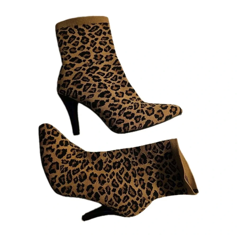 Cushionaire Ankle Boots Women 6.5 Brown Leopard GIPSEE Knit Stiletto Pointed Toe
